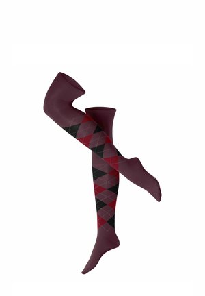 Calze lunghe fino al ginocchio di colore bordeaux con un motivo a rombi in rosso, nero e grigio. Realizzate in materiale liscio con un design aderente.
