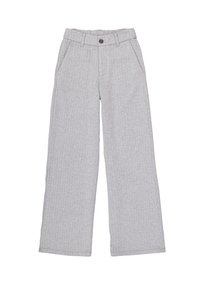 Lichtgrijze wijde broek met een gestructureerd streeppatroon, voorzien van een knoopsluiting en zijzakken.