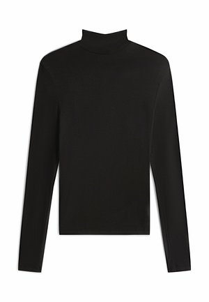 Czarny longsleeve z kołnierzem typu turtleneck, wykonany z gładkiego, elastycznego materiału. Posiada dopasowaną sylwetkę i minimalne szwy, co zapewnia czysty design.