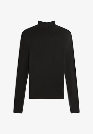 Maglione nero a maniche lunghe con collo alto realizzato in un tessuto liscio e elasticizzato. Presenta una silhouette aderente e cuciture minime per un design pulito.