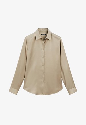 Beige Langarm-Hemd mit Knopfleiste, klassischem Kragen und Manschetten, glattem Stoff und leicht abgerundetem Saum.