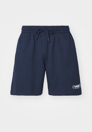 Mørkeblå atletiske shorts lavet af blødt stof, med en elastisk talje og snøre samt et lille logo på det nederste ben.