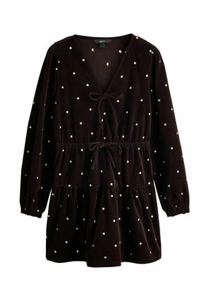 Next, TALL FIT - LONG SLEEVE V-NECK TIE CORD MINI DRESS - Freizeitkleid - chocolate brown gold spot