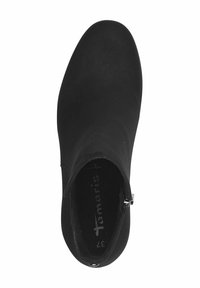 Black ankle boot with smooth, matte texture, rounded toe, side zipper closure, and minimal branding visible on insole.