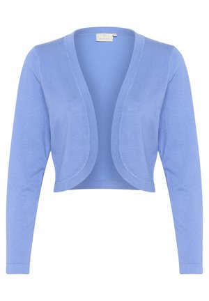 Vaaleansininen lyhyt neuletakki, jossa on pitkät hihat ja pyöreä avoin etuosa. Tasainen tekstuuri ja ribatuet reunat lisäyksinä.