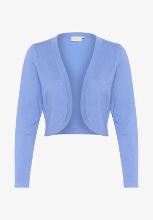 Svijetloplava skraćena cardigan jakna s dugim rukavima i okruglim otvorenim prednjim dijelom. Glatka tekstura i rebrasti rubovi za dodatne detalje.