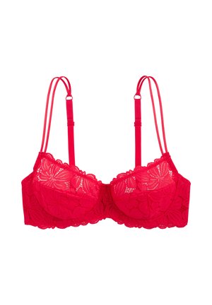 Soutien-gorge rouge à armatures en dentelle avec motif floral et double bretelles réglables sur fond blanc.