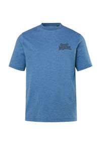 Modré bavlněné tričko s kulatým výstřihem, krátkými rukávy a mírně strukturovaným povrchem. Na hrudi se nachází černý potisk.