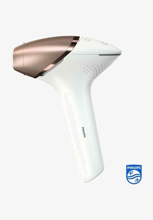 Philips Haarentfernungsgerät in Weiß mit roségoldenen Akzenten. Schlankes, ergonomisches Design mit strukturiertem Griff und Steuerknöpfen an der Oberseite.