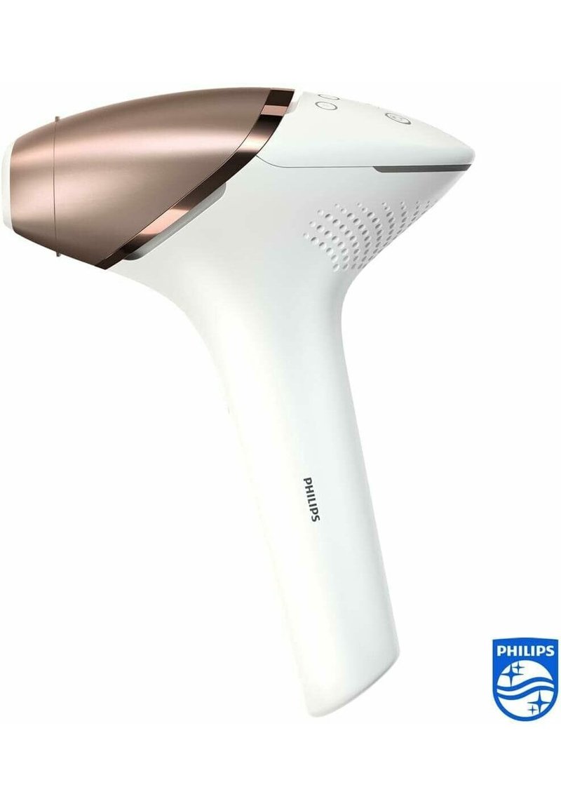 Dispositivo per la rimozione dei peli Philips, di colore bianco con accenti in oro rosa. Design elegante ed ergonomico con impugnatura testurizzata e pulsanti di controllo sulla parte superiore.