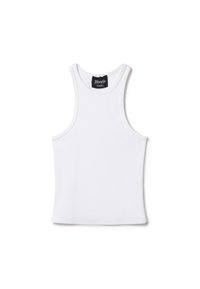 Weißes, geripptes Tanktop mit Rundhalsausschnitt und breiten Schulterträgern. Verfügt über ein schwarzes Etikett mit "Utopia" und der Größe XS am Hals.