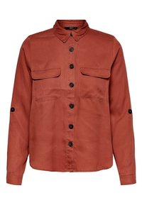 Rostfarbiges Button-up-Hemd aus glattem Stoff. Verfügt über zwei Brusttaschen, einen Kragen und schwarze Knöpfe auf der Vorderseite.