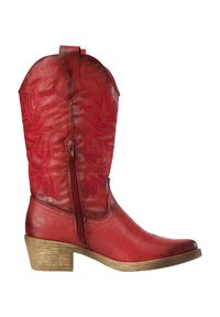 Stivale da cowboy in pelle rossa con cerniera laterale, ricami decorativi e tacco impilato in legno.
