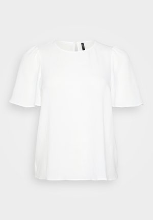 White short-sleeve blouse with a round neckline and gentle pleating on sleeves. Smooth texture with a back button closure detail.