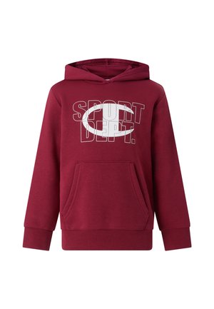 Sudadera con capucha granate con bolsillo delantero y texto blanco "SPORT DEPT" superpuesto a una forma ovalada blanca en el pecho.