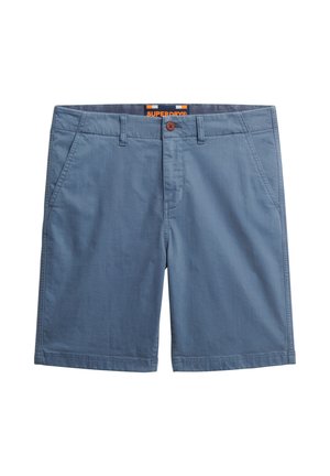 Men's blue cotton shorts with a button closure, two front pockets, and a clean finish. Lightweight fabric with a smooth texture.