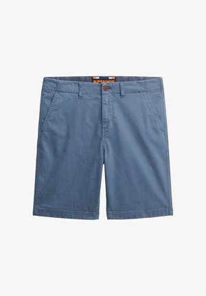 Męskie niebieskie bawełniane szorty z zapięciem na guzik, dwiema przednimi kieszeniami i starannym wykończeniem. Lekka tkanina o gładkiej fakturze.