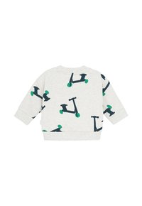 Sweatshirt gris clair avec graphiques de scooter verts et marine, col rond et manches longues. Tissu doux avec poignets et ourlet côtelés.