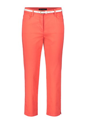 Coral-colored trousers with a slim fit, made from cotton blend, featuring a white belt, pockets, and stitched hems for added detail.