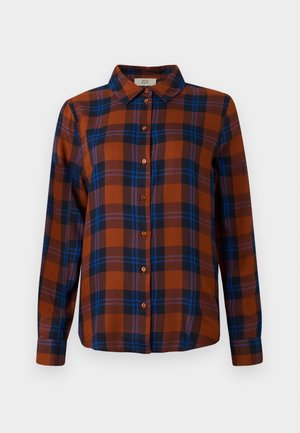 Bruine en blauwe geruite blouse met lange mouwen, kraagontwerp, voorzien van lichtbruine knopen en een licht gebogen zoom.