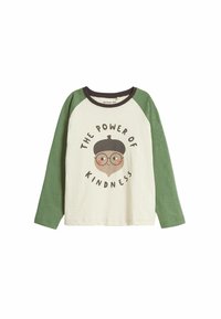 Vihreä pitkähihaisten paita, jossa on kermanvärinen vartalo. Sisältää grafiikan piirroshahmosta, jolla on lasit, ja tekstin "HYVYYDEN VOIMA."