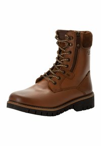 Braune Lederstiefeletten mit einer robusten Sohle, Zickzackprofil und seitlichem Reißverschluss. Mit braunen Wildlederakzenten und beigen Schnürsenkeln.