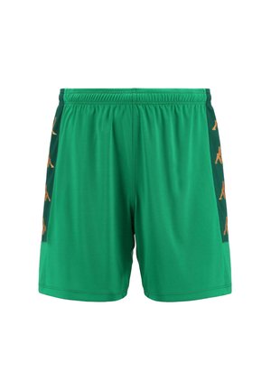 Pantaloni sportivi verdi con vita elastica, caratterizzati da pannelli laterali verde scuro in contrasto decorati con loghi arancioni. Tessuto dalla superficie liscia.