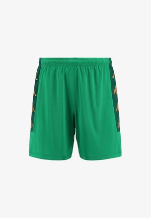 Pantaloni sportivi verdi con vita elastica, caratterizzati da pannelli laterali verde scuro in contrasto decorati con loghi arancioni. Tessuto dalla superficie liscia.