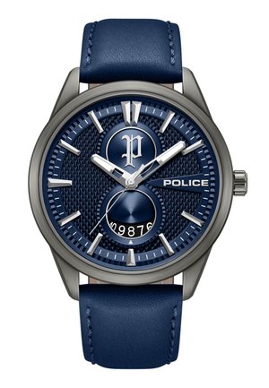 Pánske náramkové hodinky s modrým textúrovaným ciferníkom, striebornými indexmi, logom Police, podciferníkom s číselným zobrazením a modrým koženým remienkom.