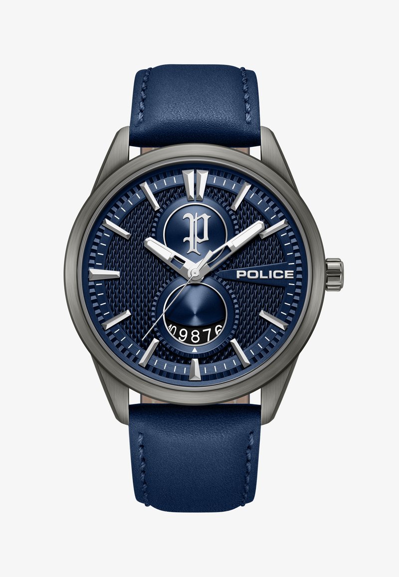 Montre-bracelet pour homme avec cadran texturé bleu, index argentés, logo Police, sous-cadran avec affichage numérique et bracelet en cuir bleu.