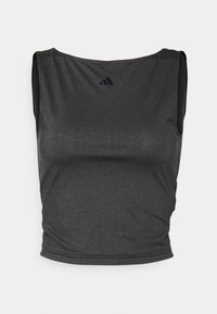 Débardeur de sport, gris foncé, tissu extensible et léger, encolure dégagée, sans manches, avec un petit logo noir sur la poitrine.