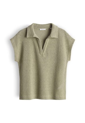 Korte mouwen, licht olijfgroene getextureerde gebreide poloshirt met kraag en V-halsopening.