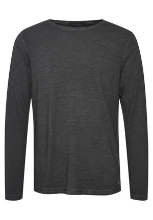 Cămașă cu mânecă lungă de culoare gri închis, fabricată dintr-un material moale, cu decolteu rotund și detalii simple de cusătură. Prezintă o textură ușor heather.