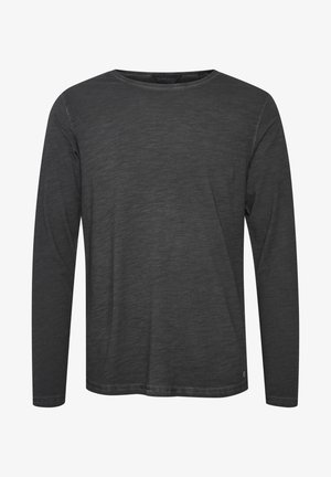 Cămașă cu mânecă lungă de culoare gri închis, fabricată dintr-un material moale, cu decolteu rotund și detalii simple de cusătură. Prezintă o textură ușor heather.