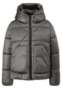 Doudoune grise avec capuche, fermeture éclair frontale noire, surpiqûres diagonales et deux poches avant.