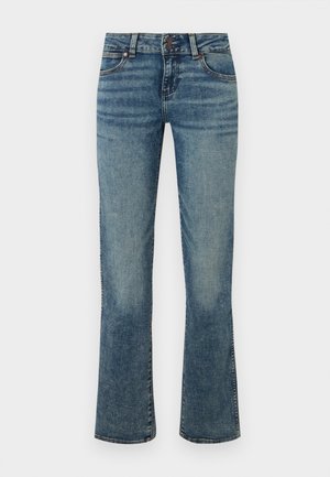 Blue denim jeans with a mid-rise waist, button closure, front pockets, and slightly flared legs with faded detailing.