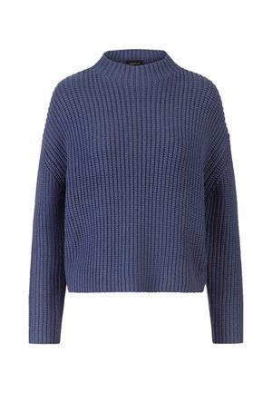 Gebreid sweater in donkerblauw met een hoge halslijn, verlaagde schouders en ribbelstructuur. Het ontwerp is cropped op de taille.