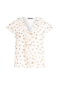 White blouse with cap sleeves, featuring a ruffled neckline and ties at the front, adorned with small black and gold leaf patterns.
