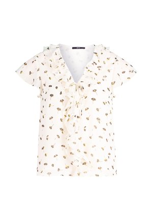 White blouse with cap sleeves, featuring a ruffled neckline and ties at the front, adorned with small black and gold leaf patterns.