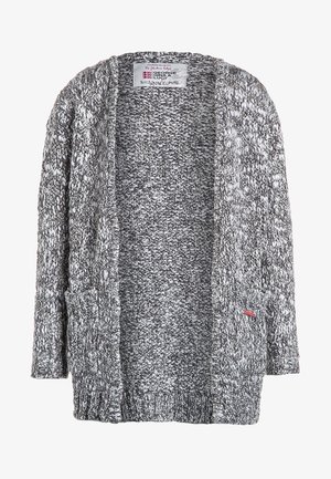 Grå og hvid meleret strik cardigan med lange ærmer, to forlommer og en åben frontdesign.