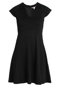 Abito nero a maniche corte con scollatura a V, corpetto aderente e gonna a ruota. Realizzato in tessuto morbido, dotato di zip sul retro e design senza cuciture.