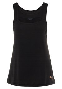 Svart linne gjort av lättviktsmaterial med rund halsringning, som har ett utskärningsdetalj och en liten guld Puma-logotyp vid fållen.