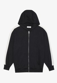 Zwarte rits hoodie met een capuchon, contrasterende witte strepen langs de mouwen en voorkruiszakken; gemaakt van zacht materiaal met geribbelde manchetten.