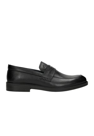 Black leather loafers with a smooth finish, stitched accents on the vamp, and a low-profile rubber sole. Classic slip-on design.