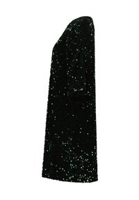 Black sequined dress with a loose fit, round neckline, and short sleeves. Features a textured surface and shimmering green accents.