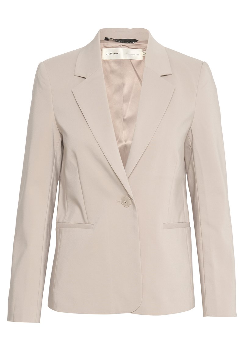 Hellbeige maßgeschneiderte Blazerjacke mit Ein-Knopf-Verschluss, Reverskragen und zwei seitlichen Taschen. Weicher, glatter Stoff mit klassischem Design.