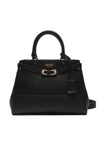Borsa a mano in pelle nera con superficie testurizzata, doppi manici superiori, dettagli in hardware dorato e tracolla rimovibile, con logo del brand.