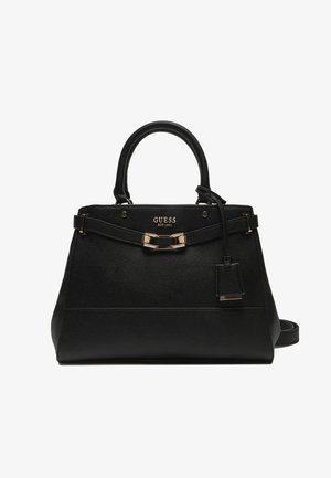 Borsa a mano in pelle nera con superficie testurizzata, doppi manici superiori, dettagli in hardware dorato e tracolla rimovibile, con logo del brand.