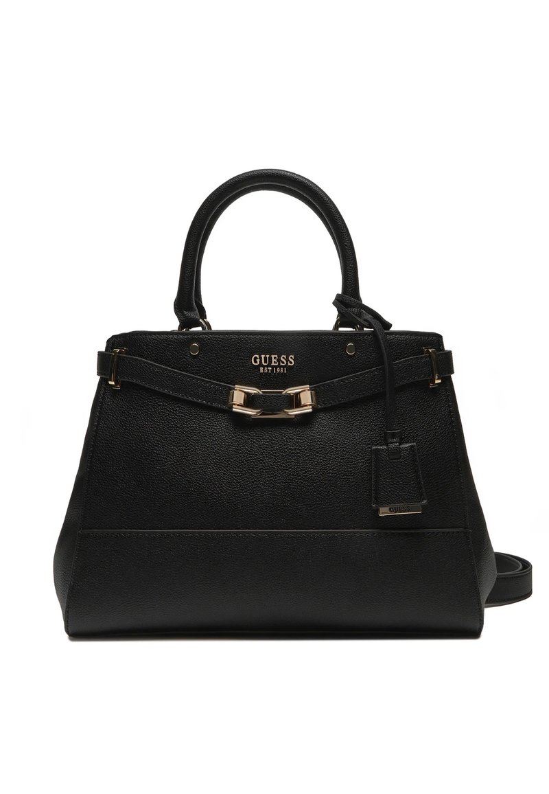 Borsa a mano in pelle nera con superficie testurizzata, doppi manici superiori, dettagli in hardware dorato e tracolla rimovibile, con logo del brand.
