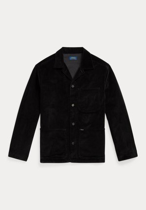 Black corduroy jacket with long sleeves, a pointed collar, front button closure, and two front pockets. Label reads "POLO RALPH LAUREN."